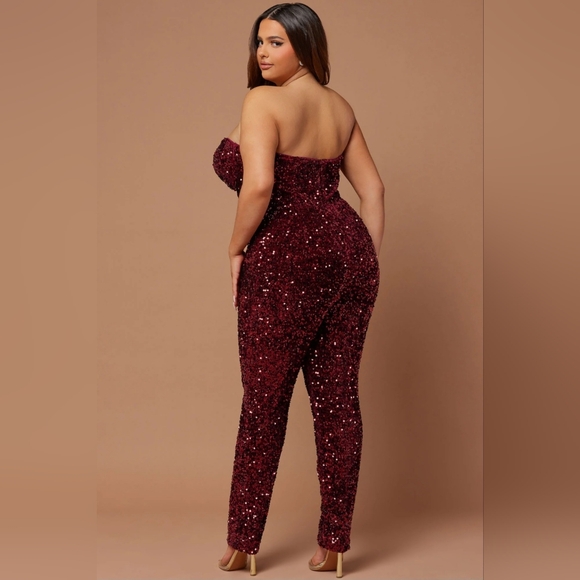 Fashion Nova Isabeli Sequin Jumpsuit Burgundy 1X - Picture 2 of 7